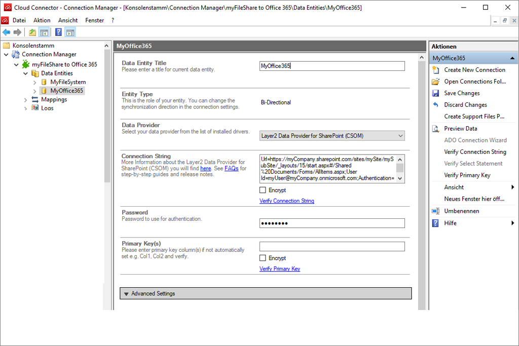 Layer2-Cloud-Connector-Sample-Office365-Settings-1024 Acreenshot of Layer2 Cloud Connector connection manager view when all fields are filled.