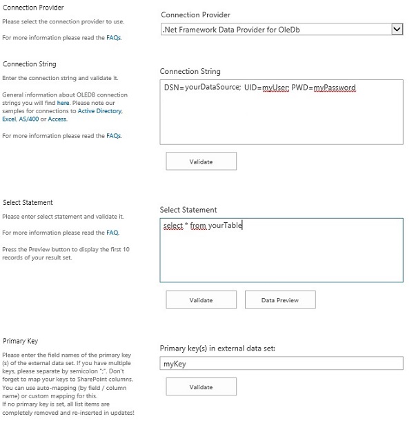 HANA and Layer2 Business Data List Connector configuration screenshot