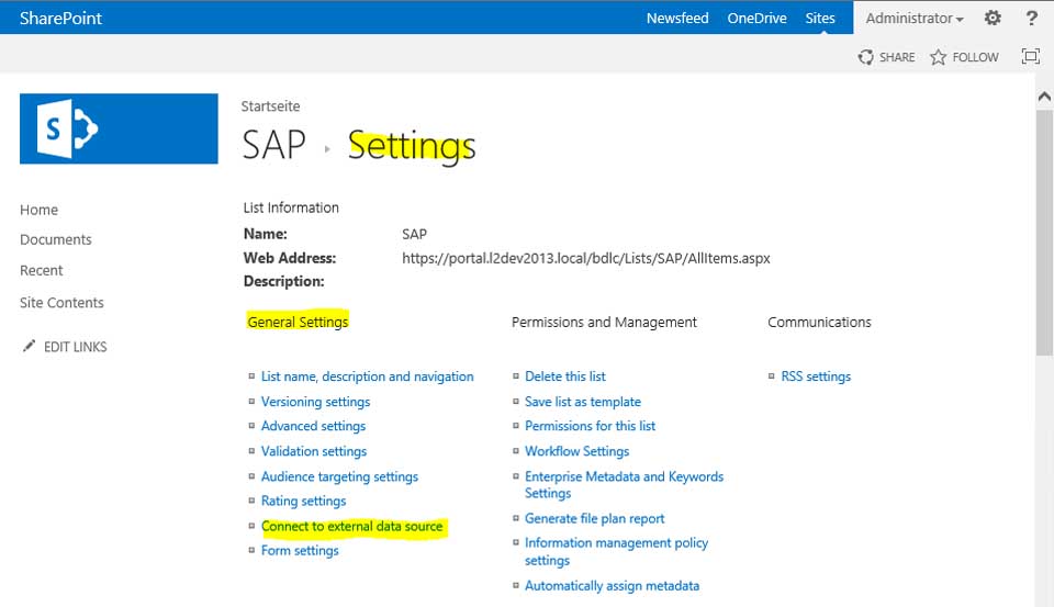 Connect SharePoint to External Data Source in List Settings