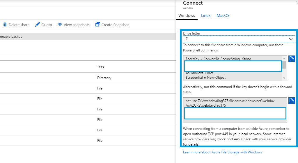 Screenshot of the Azure mapping folder