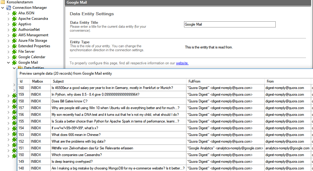 Preview data of Google Mail integration Preview data of google mail integration in the Layer2 Cloud Connector