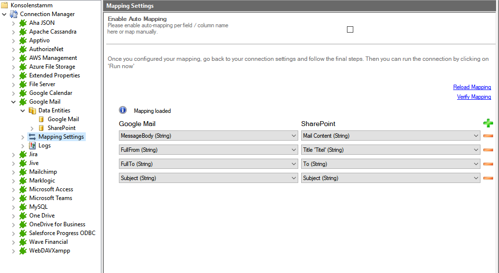 Step 4 Google Mail integration mapping Mapping in the Layer2 Cloud Connector for google mail data integration
