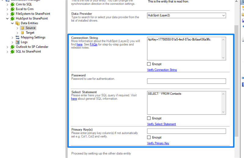 Screenshot of the Connection String setup