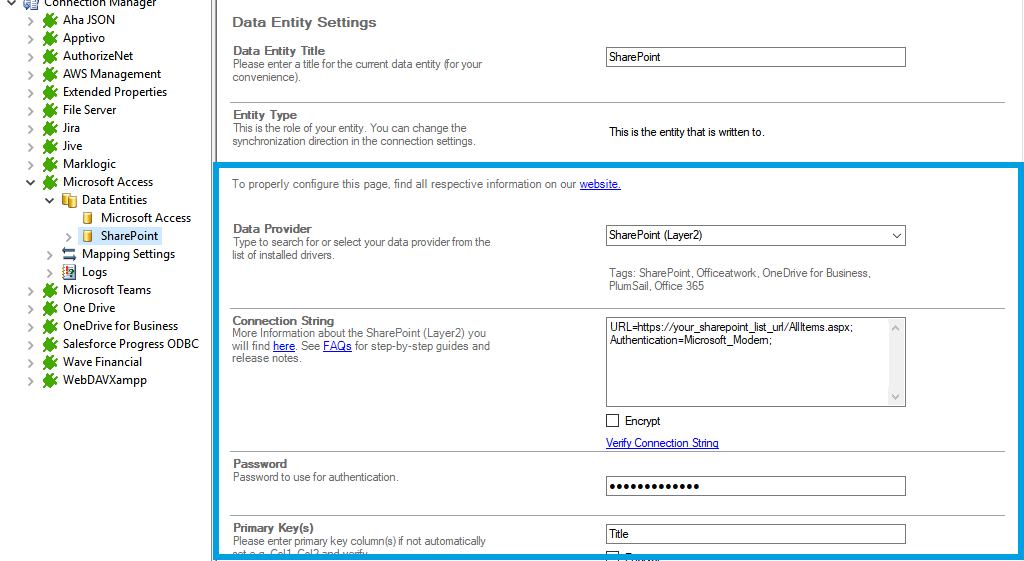 Screenshot of the connection from Microsoft Access to SharePoint