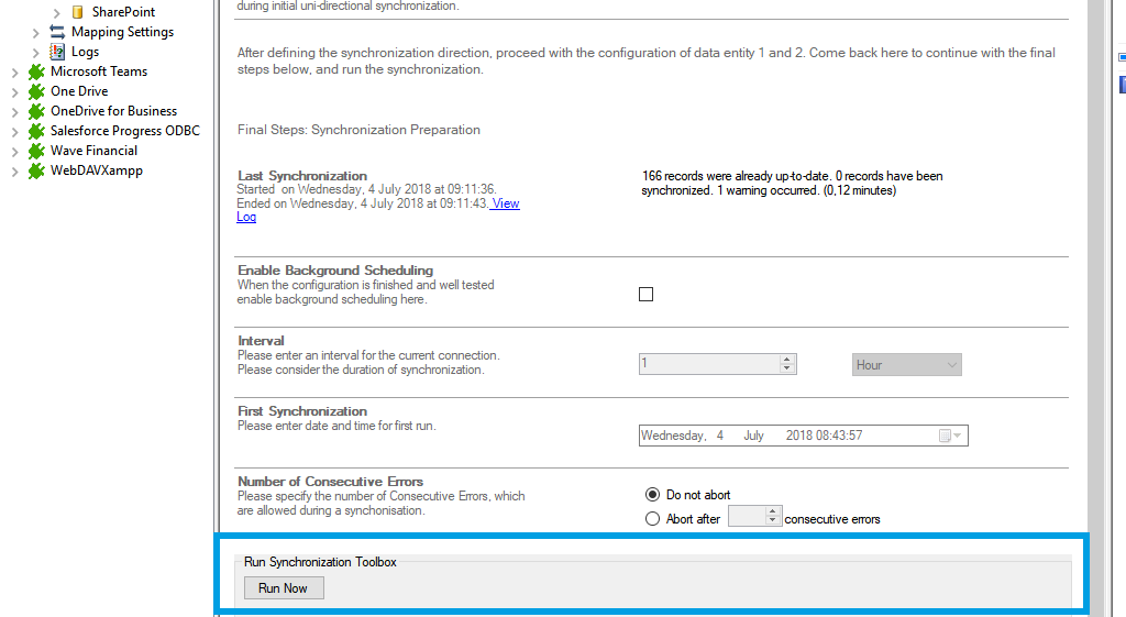 Screenshot of a the run now button after setting up a connection between Microsoft Access and SharePoint  in Layer2 Cloud Connector