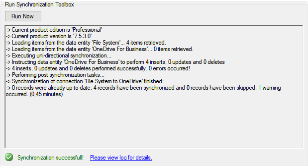 Screenshot of a running connection between OneDrive for Business and a file system