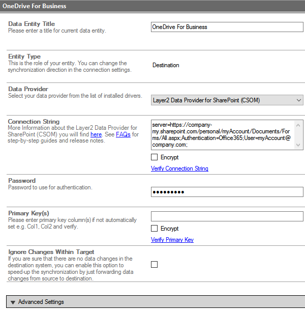 Screenshot of how to configure Data Entioty of OneDrive for Business to sync shared folders