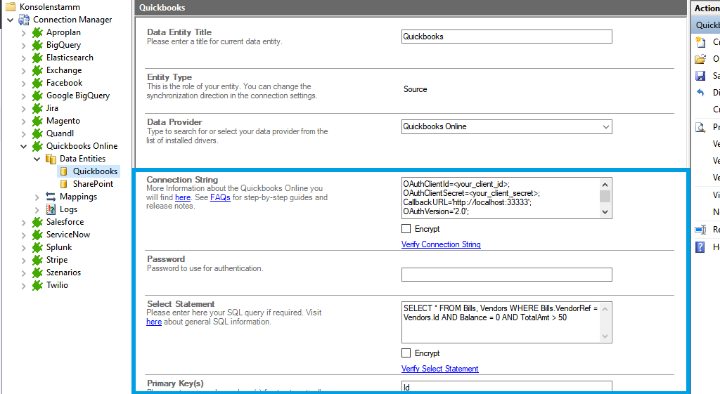 Screenshot of connection string setup for quickbooks online in Layer2 Cloud Connector