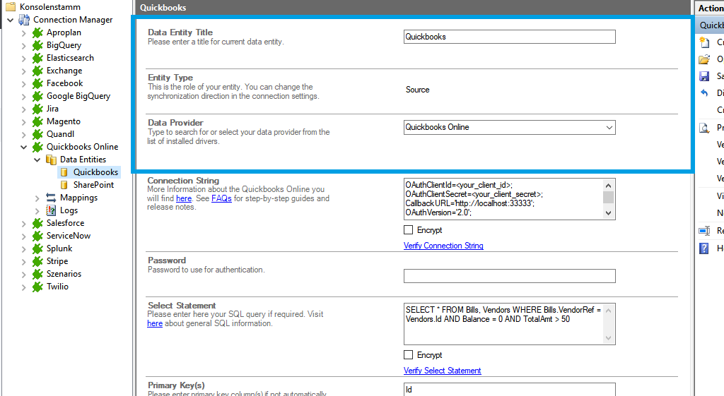 Screenshot of source setup for quickbooks online integration in Layer2 Cloud Connector