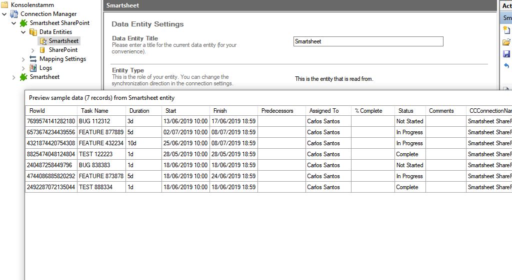 Preview data of Smartsheet to SharePoint integration