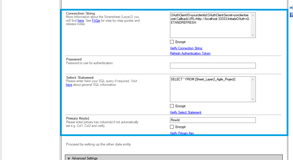 Connection string setup for smartsheet data integration in the Layer2 Cloud Connector